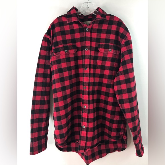JACHS Red Black Plaid 100% Heavy Cotton Flannel Button Front Shirt - Picture 1 of 13
